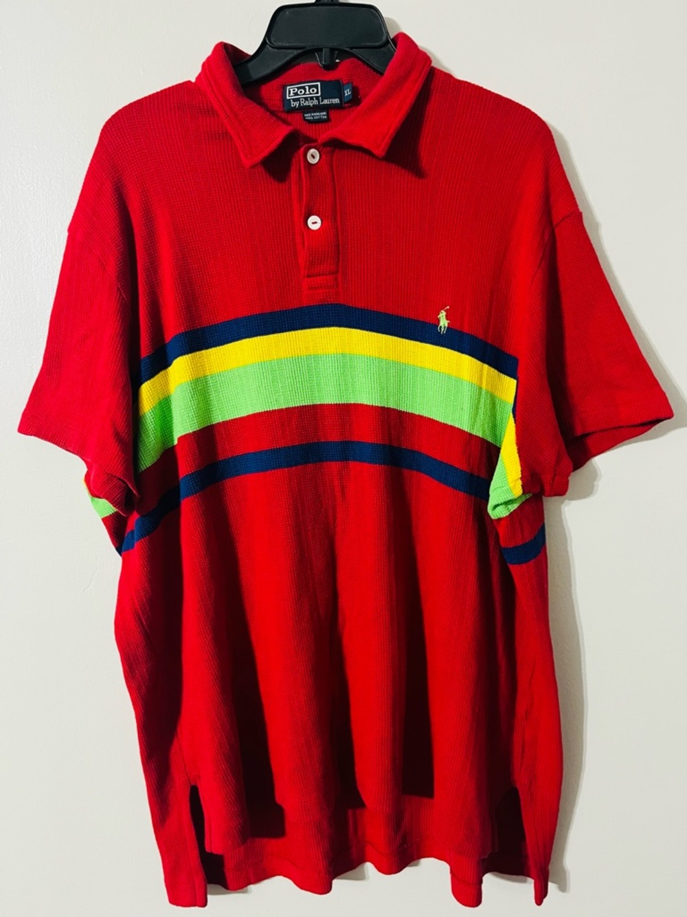 Ralph Lauren Red Polo with Navy, Yellow & Lime Stripes Sz XL